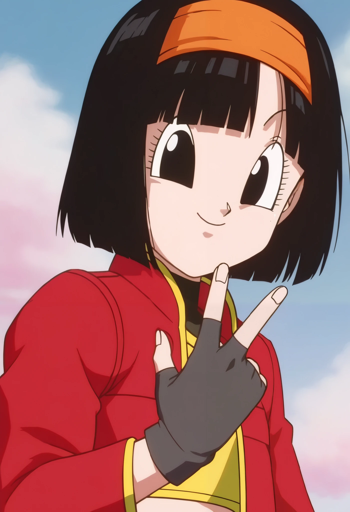 source_anime, score_9, score_8_up, score_7_up, anime screencap, absurdres, high quality,
pan \(dragon ball\), xeno, official style, 1girl, solo, looking at viewer, black eyes, smile, closed mouth, short hair, black hair, bangs, orange hairband, red jacket, from side, dusk, cloudy sky, outdoors, portrait, close-up,
peace sign hand:1.4, (v sign hand),