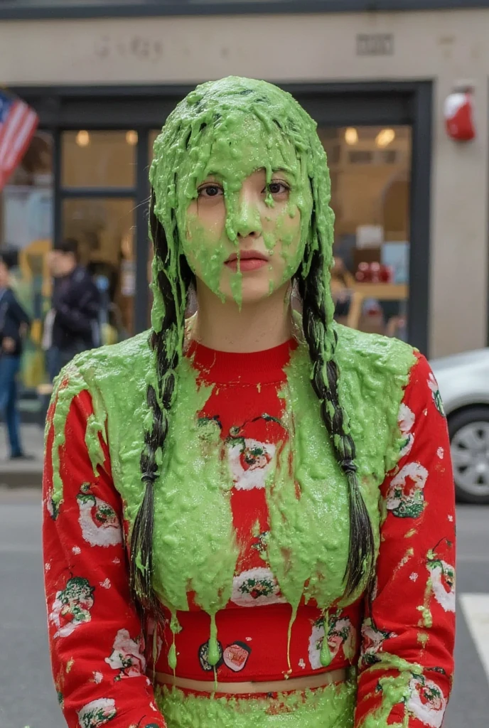 DSLR photograph. Beautiful Chinese woman covered in green water. Photorealistic. Wet liquid. Nasty slime. Raw photo. New York City streets. Daytime. Green Slime. Dripping green goo. 21 years old. (Asian: 1.1). pigtails. Green water. Portrait photo. Beautiful Asian face. (Cleavage: 1.2). Santa dress.