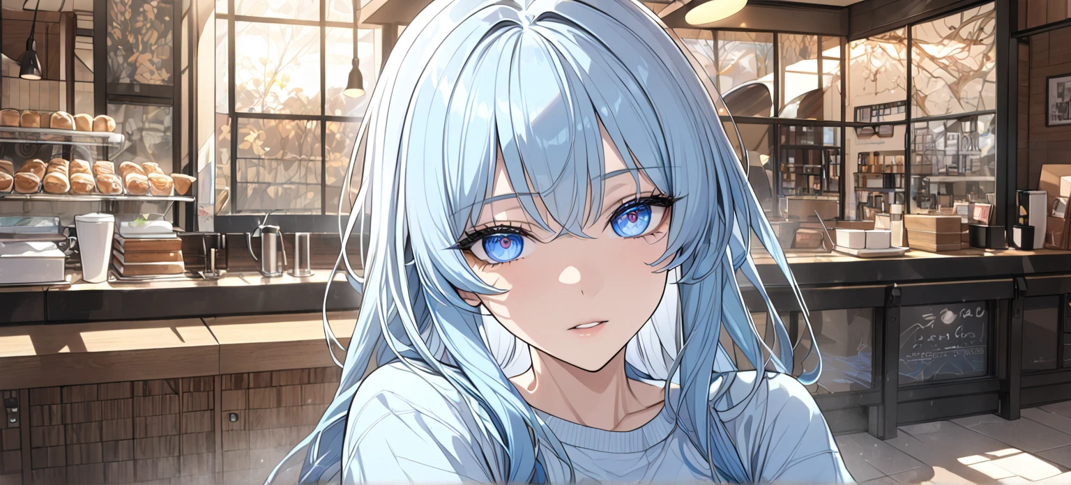 1 girl, A light blue haired girl, (detailed anatomical features, anime style:1.2), (best quality,4k,8k,highres,masterpiece:1.2),ultra-detailed, stunning lighting, soft colors, glowing skin, anime, anime style, on date, POV-date, blue eyes, cafe, UHD, retina, masterpiece, accurate, anatomically correct, textured skin, super detail, high details, high quality, award winning, best quality, highres, 16k, expressions, sweater, perspective,  unaestheticXL_cbp62 , HDA_CableKnitXL, NegPDXL-DHP, Stable_Yogis_Animetoon_Negatives, Stable_Yogis_Animetoon_Negatives-neg, golden ratio