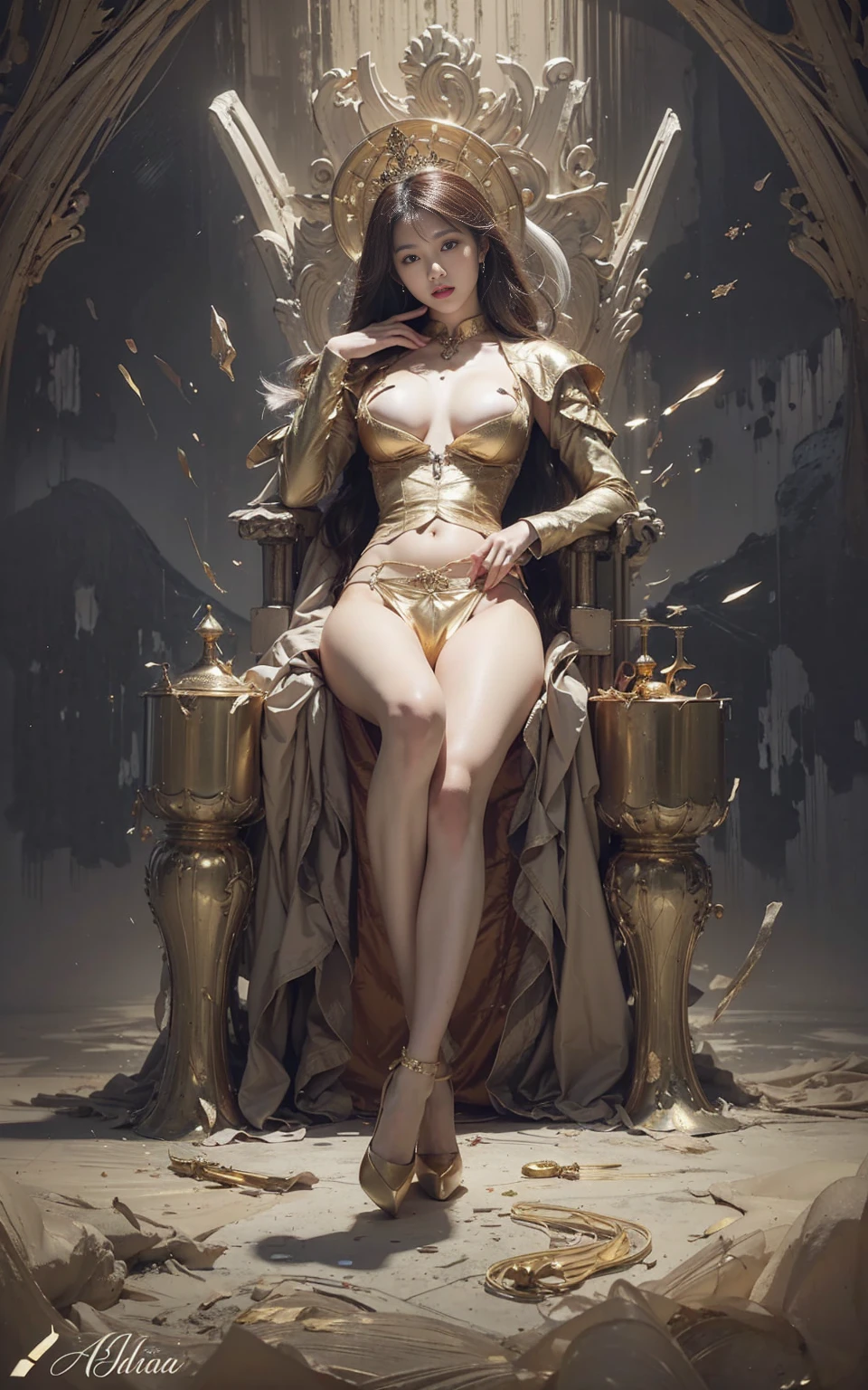 There's a woman dressed in gold latex leotard sitting on a throne with a lot jewelries, baroque aesthetic, goth aesthetic, golden coins, ultra detailed, photorealistic, masterpiece.