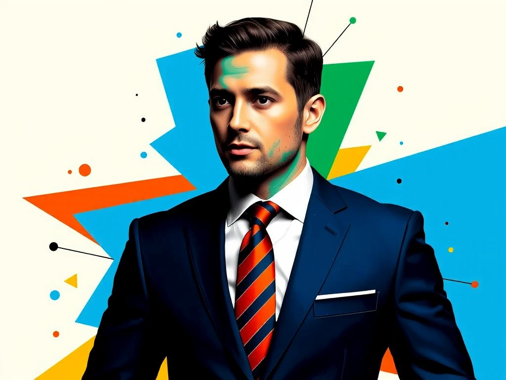 "Create a colorful geometric pop art portrait of a man wearing a suit and tie, featuring bold, vibrant colors such as red, blue, yellow, green, and orange. The style should emphasize angular shapes and abstract patterns, with a modern artistic flair. The background should include subtle geometric accents to enhance the overall composition."
