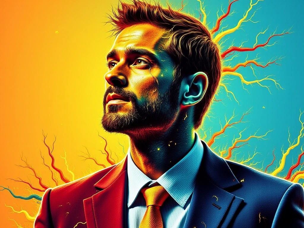 "Create a colorful geometric pop art portrait of a man wearing a suit and tie, featuring bold, vibrant colors such as red, blue, yellow, green, and orange. The style should emphasize angular shapes and abstract patterns, with a modern artistic flair. The background should include subtle geometric accents to enhance the overall composition."