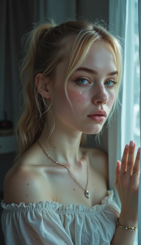 A highly realistic full-body depiction of a young woman with fair skin, light blonde hair tied in a casual ponytail, and soft freckles on her cheeks. She has striking light-colored eyes (possibly blue or green), delicate facial features, and natural makeup with a subtle lip tint full body photo with a cold look at home