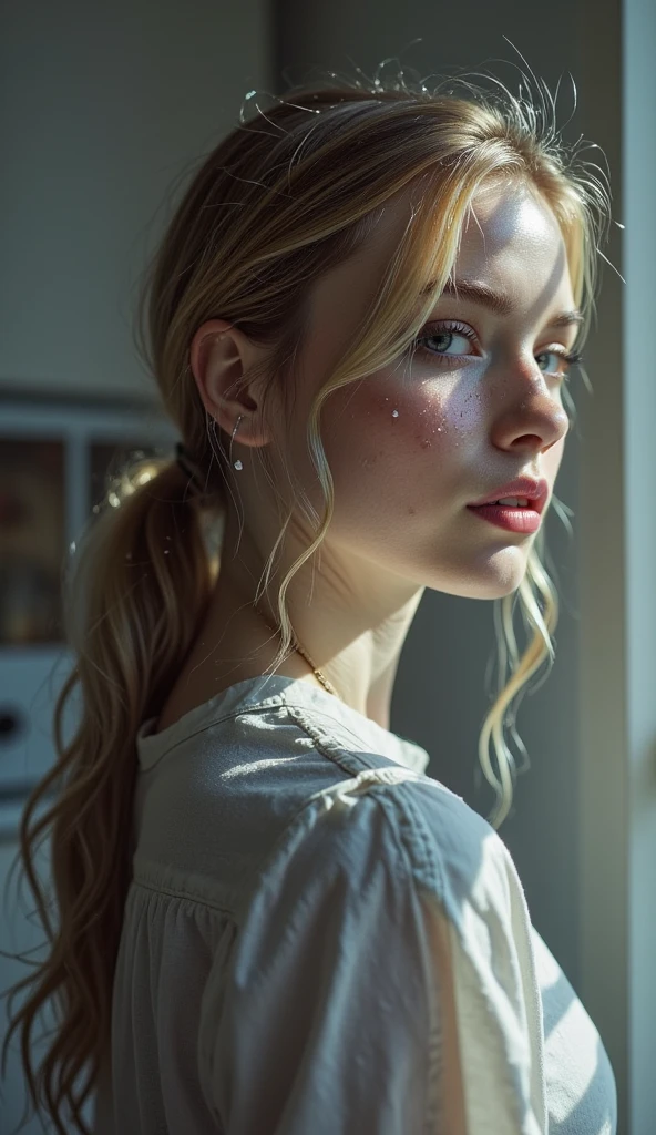 A highly realistic full-body depiction of a young woman with fair skin, light blonde hair tied in a casual ponytail, and soft freckles on her cheeks. She has striking light-colored eyes (possibly blue or green), delicate facial features, and natural makeup with a subtle lip tint full body photo with a cold look at home