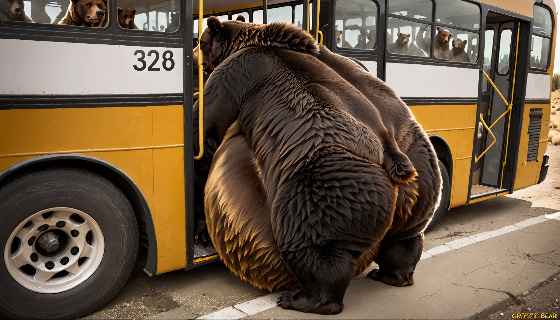 A massive grizzly bear with an unbelievably extremely massive belly, so heavy it drags along the ground, struggles to fit through the narrow doorway of a bus. Its belly presses tightly against the edges of the frame, bulging slightly as it slowly pushes forward, causing the bus to creak under the strain. The bear's fur brushes against the door as it inches through, its sheer size making the task difficult but not impossible, creating a tense yet humorous moment.