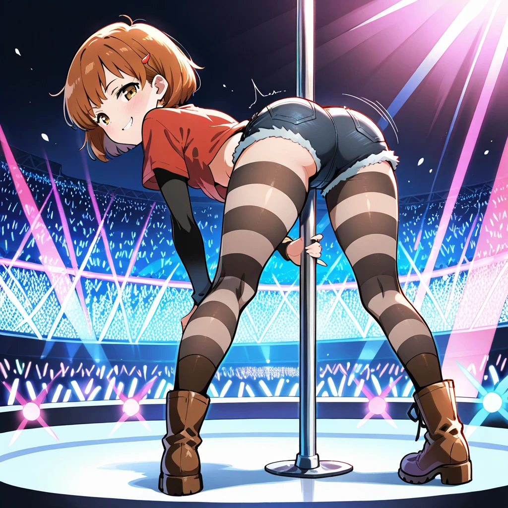 1girl, full body, solo, penny, brown hair, short hair, brown eyes, alone, red T-shirt over a brown long-sleeved shirt, denim black shorts, black and white striped tights, alongside brown socks with a red line and brown boots, Butt Clench, looking at viewer, crass girl, bad girl, naughty face, ((concert)), butt rubbing On a Pole, pole dance, bent over, looking back, butt Shaking, twerking, wiggling 