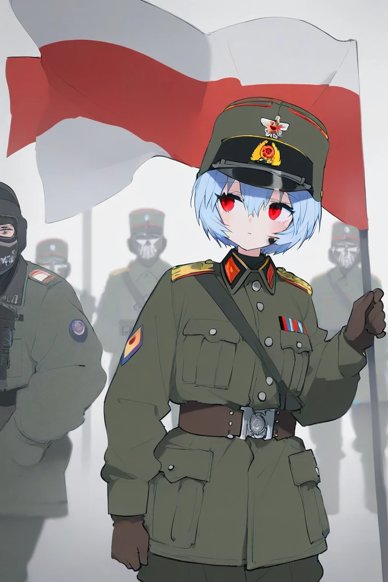 Ayanami Rei wearing a mask all over his face in modern Russian military uniform,  that is used on SVO , against the background of the flag of the Russian Empire (Black-Yellow-White )