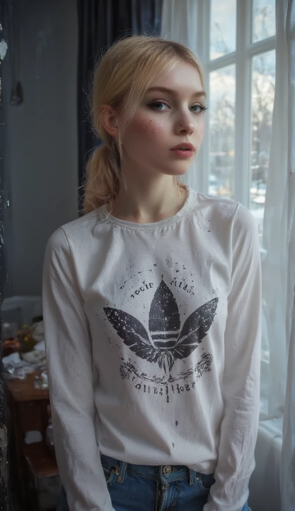 A highly realistic full-body depiction of a young woman with fair skin, light blonde hair tied in a casual ponytail, and soft freckles on her cheeks. She has striking light-colored eyes (possibly blue or green), delicate facial features, and natural makeup with a subtle lip tint full body photo with a cold look at home