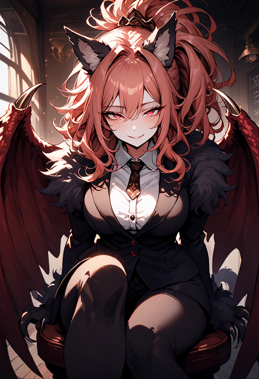 solo, close up, female, huge female, 7 foot tall, wide smile, friendly, half closed eyes, red eyes, light red hair, long wavy hair, side-ponytail, neat straight hair, ManticoreMGE, monster girl, prehensile tail, animal ears, neat black suit, broad shoulders, muscular, slightly bulky body, cafe, sitting on chair, fur, wings, claws, very large breasts, gazing at viewer, close-up, sunny, indoors, white button shirt, romance, lightwell