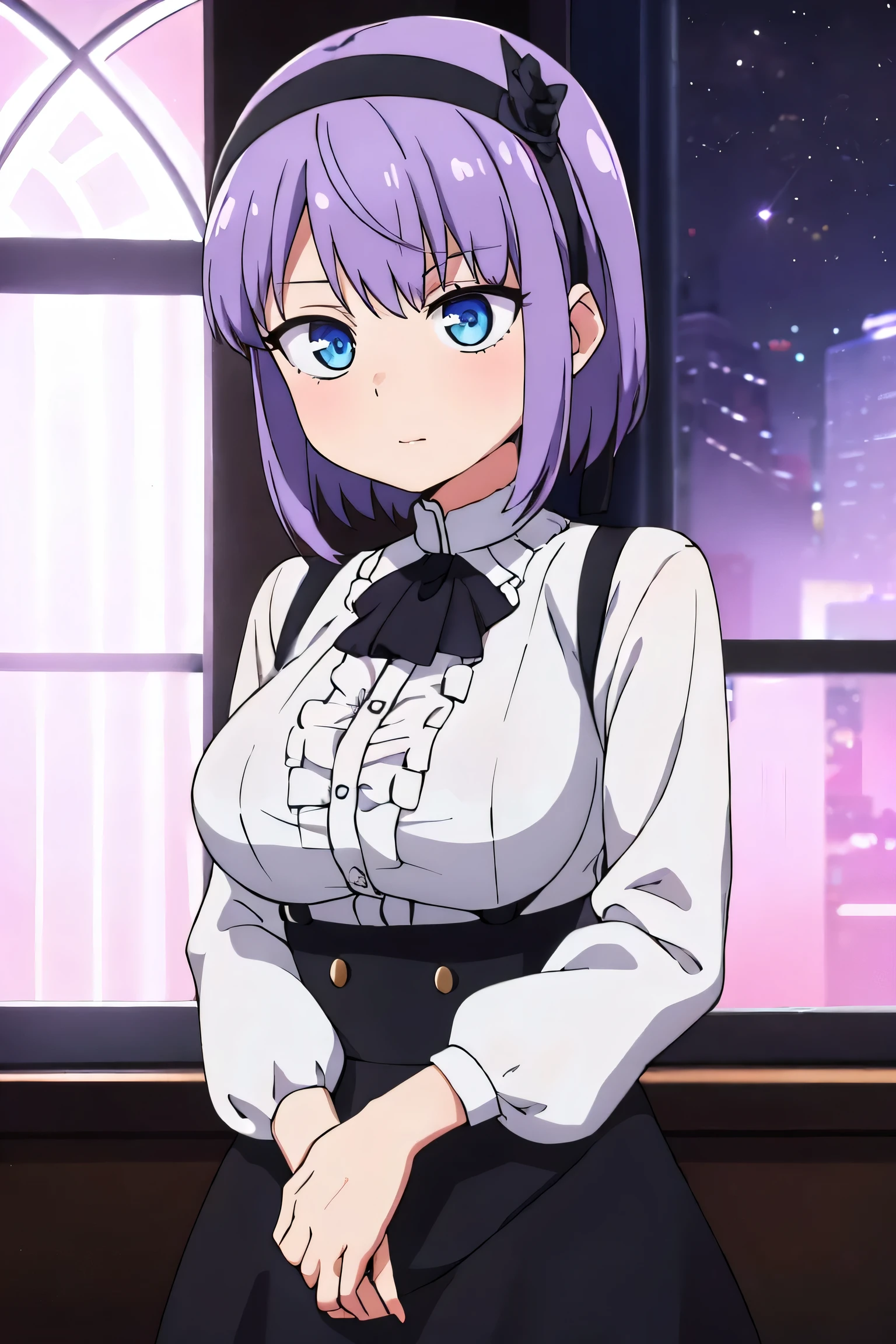 ( Artwork ,  better quality)  a girl with short purple hair, black headband, grey and blue eyes detailed , camisa blanca, black flick, bothers,  medium breasts, good waist,  warm look, in a luxurious mansion ,  at night, (windows),  Good lighting 