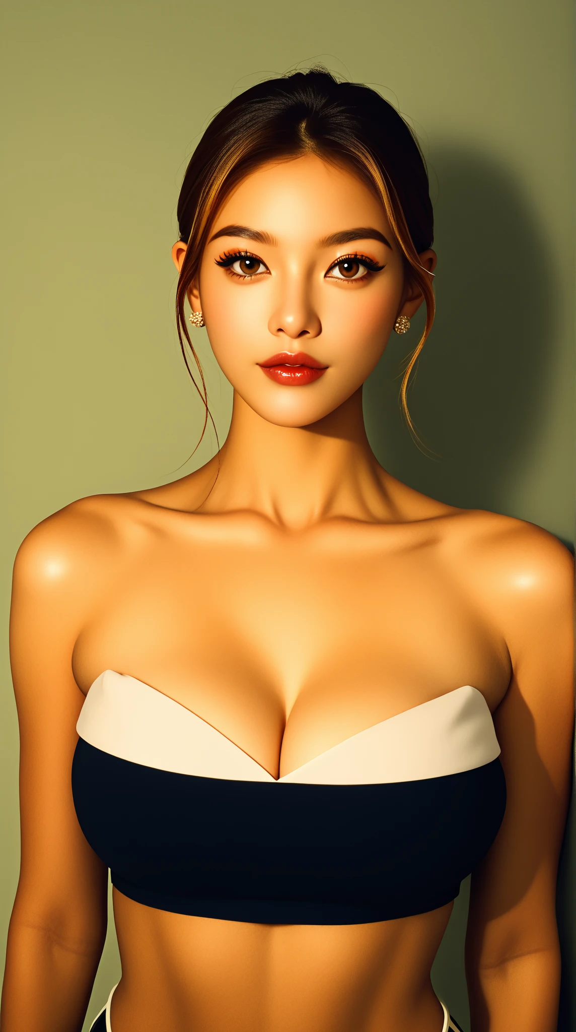 A stunning portrait of an elegant asian woman, showing off her impressive cleavage and curvy buttocks. Her perfectly symmetrical eyes seem to shine under the soft, edge ambient lighting, projecting a warm glow on your hyper-realistic skin texture. 8K DSLR Camera Captures Every Detail, from the subtle brush strokes similar to those of an oil painting to the layers of shadows reminiscent of the work of Carne Griffiths.. The Fujifilm XT3&#39;s high-quality sensor produces a masterpiece with rich, Deep colors and sharp focus draw the viewer in. The composition is perfect, Adhere to the golden ratio, creating a feeling of balance and harmony. This award-winning photograph is a true masterpiece., reminiscent of the captivating art of Jeremy Mann, tight tube top, huge breasts, 