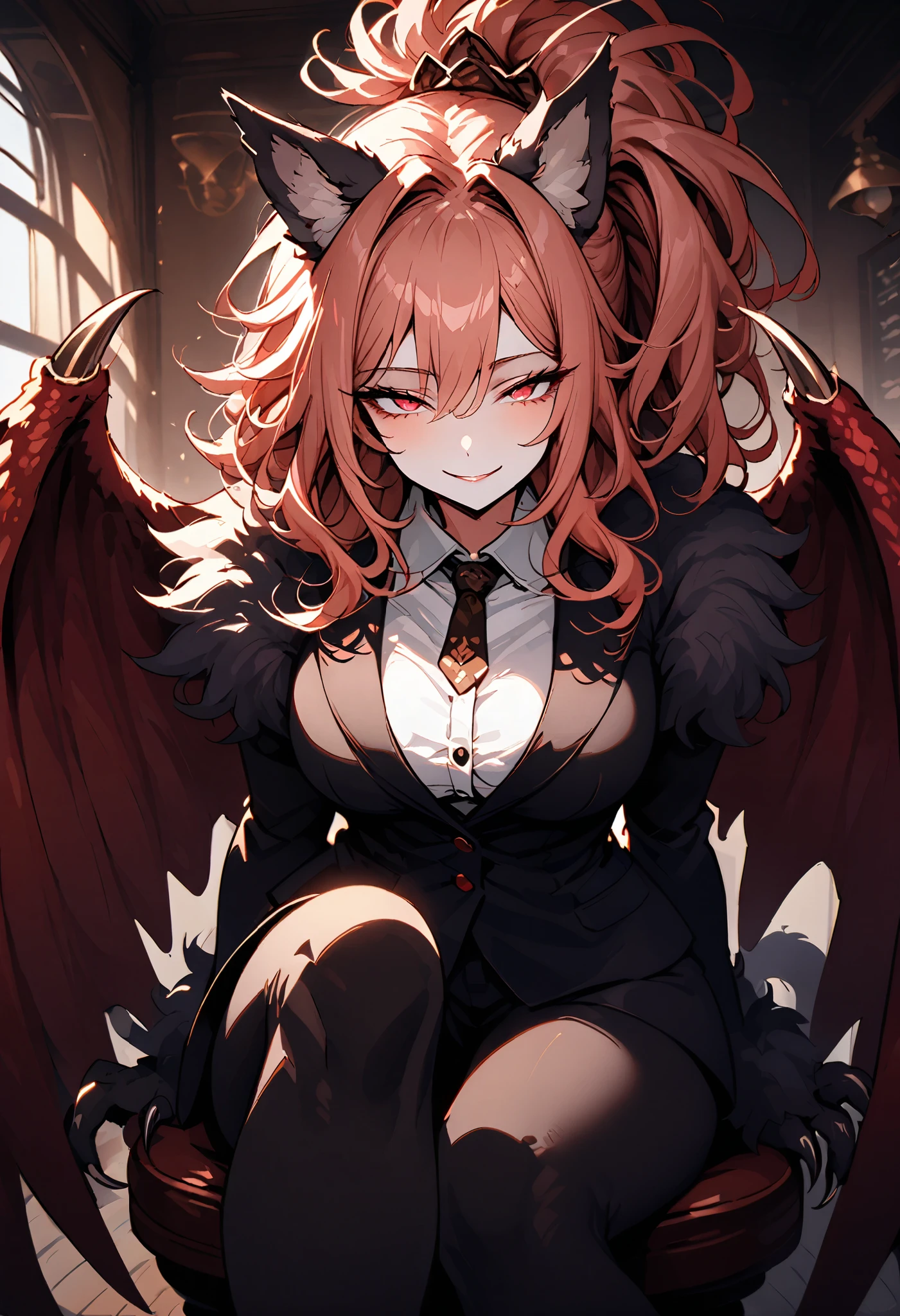 solo, close up, female, huge female, 7 foot tall, wide smile, friendly, half closed eyes, red eyes, light red hair, long wavy hair, side-ponytail, neat straight hair, ManticoreMGE, monster girl, prehensile tail, animal ears, neat black suit, broad shoulders, muscular, slightly bulky body, cafe, sitting on chair, fur, wings, claws, very large breasts, gazing at viewer, close-up, sunny, indoors, white button shirt, romance, lightwell