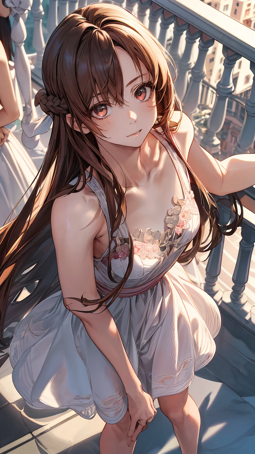 (masterpiece:1.3, top-quality, ultra high res, ultra detailed), (realistic, photorealistic:1.4), beautiful illustration, perfect lighting, natural lighting, depth of fields, 
beautiful detailed hair, beautiful detailed face, beautiful detailed eyes, beautiful clavicle, beautiful body, beautiful chest, beautiful thigh, beautiful legs, beautiful fingers, shiny skin, 
Point of view,1 girl, Asuna, SAO, (perfect anatomy, anatomically correct, super detailed skin), cute and symmetrical face, perfect face, perfect eyes, tiny, 
(long hair, straight hair, navy hair), brown eyes, drooping eyes, big eyes, long eyelashes, (small breasts, slim thighs), black colour floral sundress, pink colour bra under dress,
((detailed cloth texture), (balcony:1.2), on her knees, (busy street under balcony), (looking up at camera,  shot from top angle),
