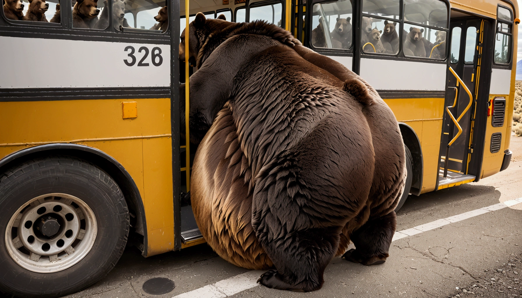 A massive grizzly bear with an unbelievably extremely massive belly, so heavy it drags along the ground, struggles to fit through the narrow doorway of a bus. Its belly presses tightly against the edges of the frame, bulging slightly as it slowly pushes forward, causing the bus to creak under the strain. The bear's fur brushes against the door as it inches through, its sheer size making the task difficult but not impossible, creating a tense yet humorous moment.