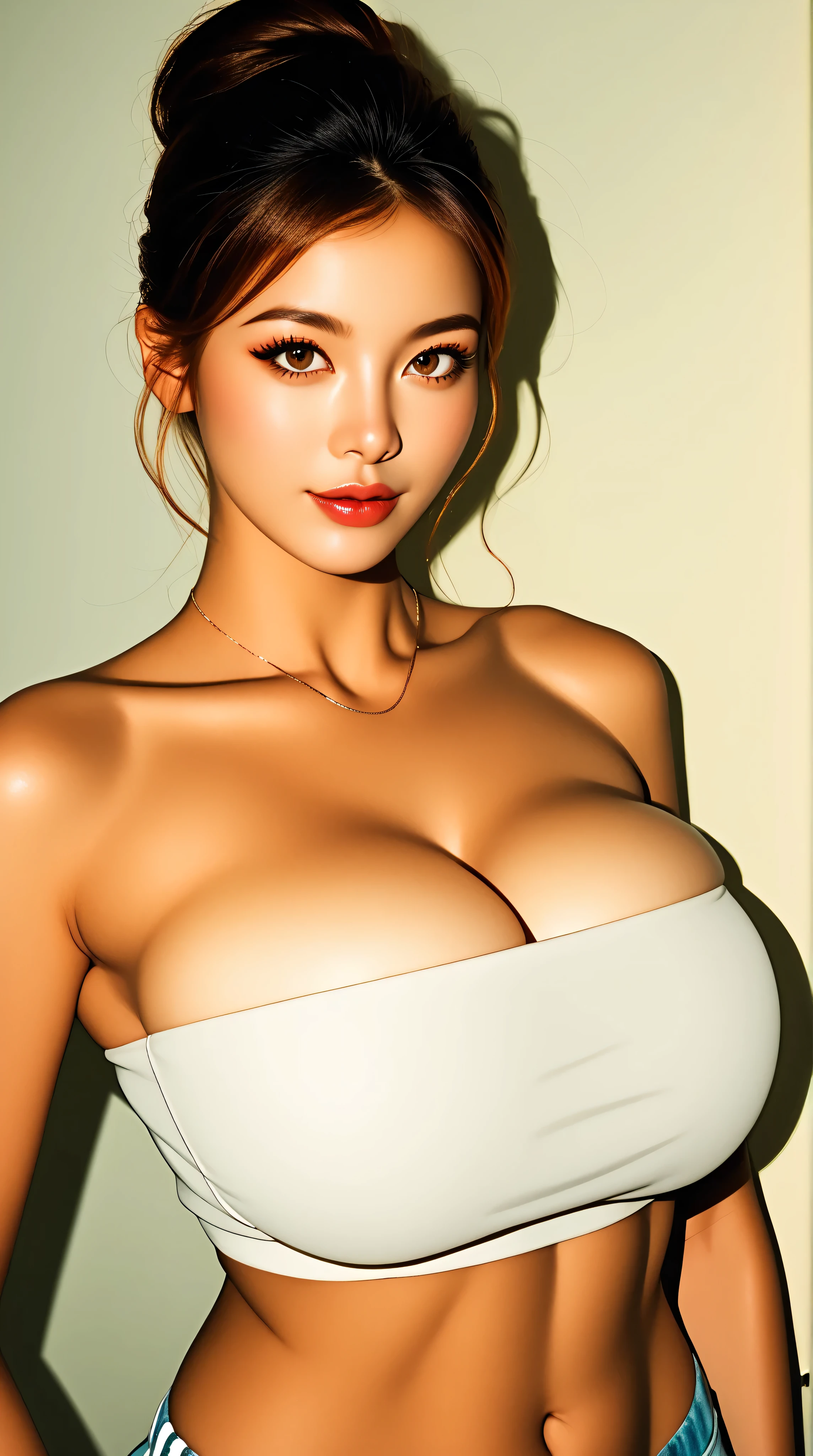 A stunning portrait of an elegant asian woman, showing off her impressive cleavage and curvy buttocks. Her perfectly symmetrical eyes seem to shine under the soft, edge ambient lighting, projecting a warm glow on your hyper-realistic skin texture. 8K DSLR Camera Captures Every Detail, from the subtle brush strokes similar to those of an oil painting to the layers of shadows reminiscent of the work of Carne Griffiths.. The Fujifilm XT3&#39;s high-quality sensor produces a masterpiece with rich, Deep colors and sharp focus draw the viewer in. The composition is perfect, Adhere to the golden ratio, creating a feeling of balance and harmony. This award-winning photograph is a true masterpiece., reminiscent of the captivating art of Jeremy Mann, tight tube top, huge breasts, 