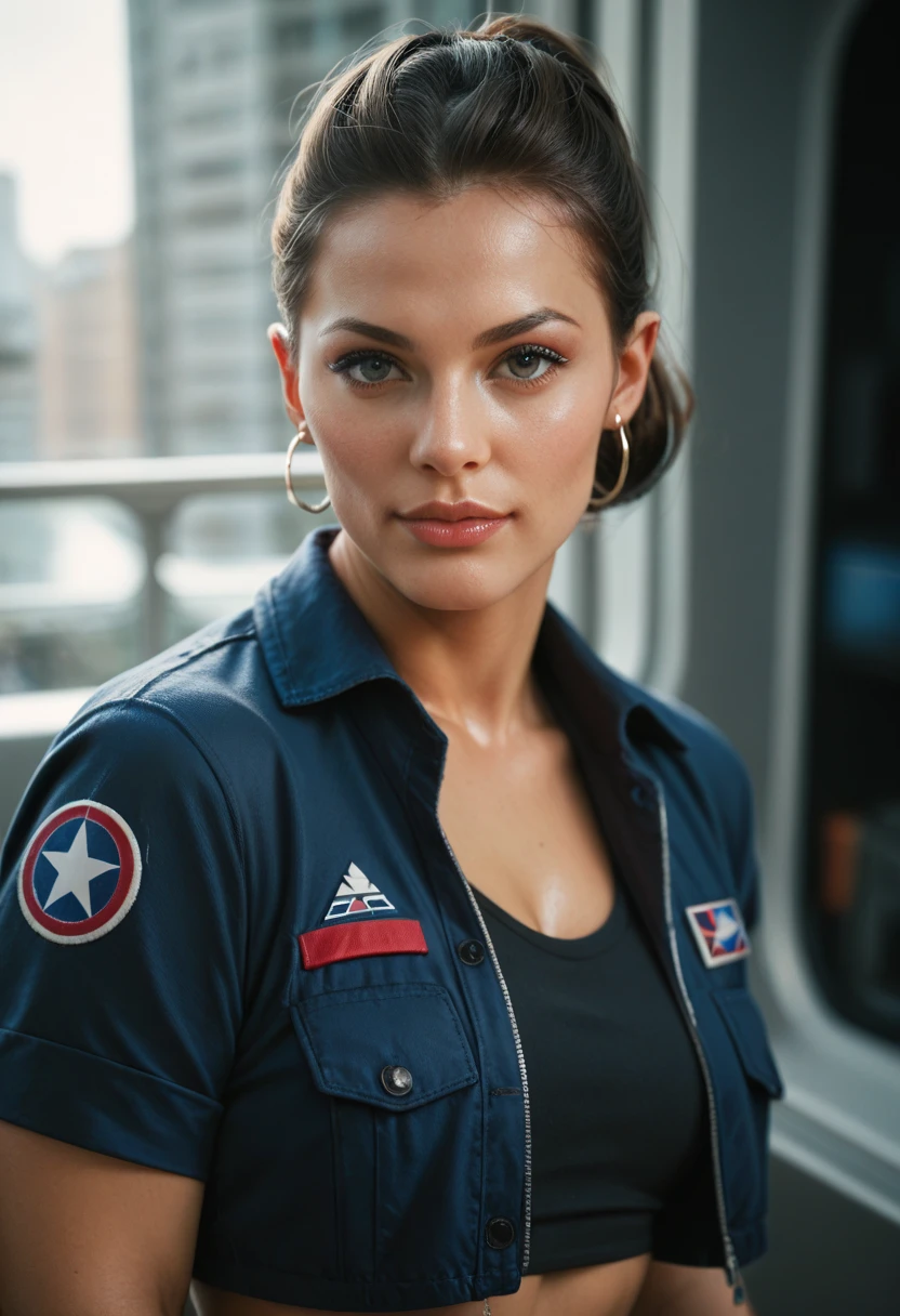 close up photo of sks woman, rugged space trucker, inside industrial spaceship, futuristic science fiction, action scene, digital concept art, realistic, intricate detailed textures, filmic, cinematic, environmental character portrait, <lora:locon_cindymello_v1_from_v1_64_32:1.25>