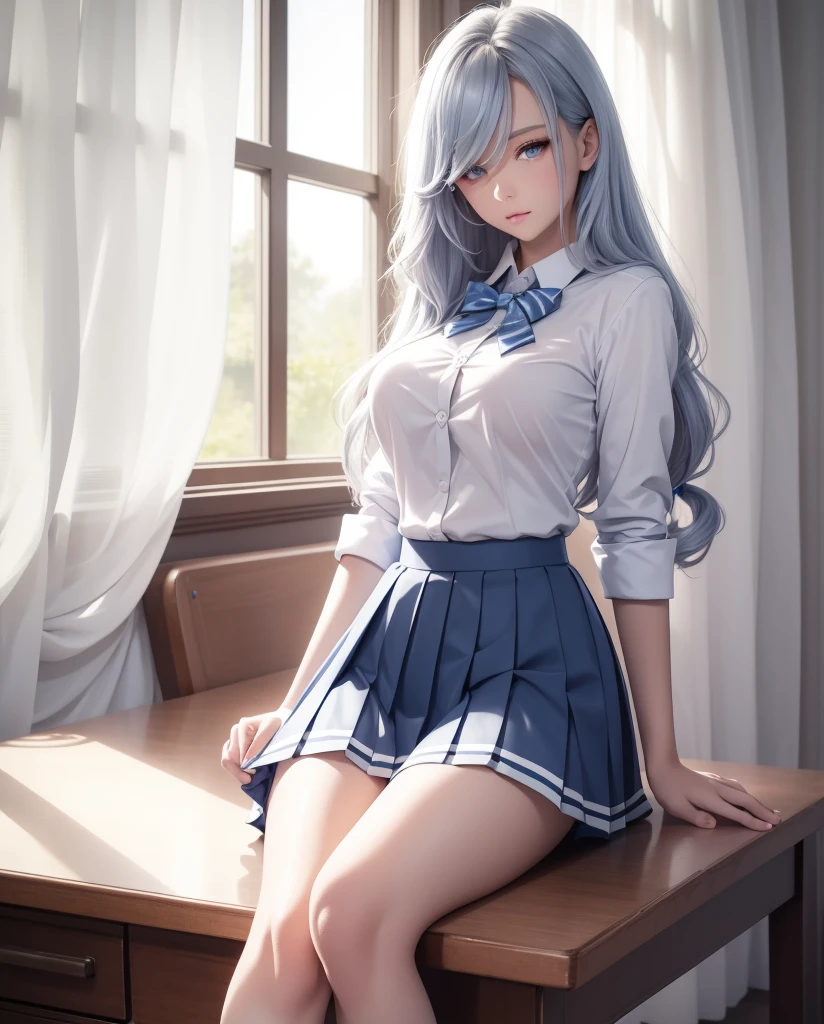  a beautiful girl ,   Blue eyes  ,    bright eyes  ,  ,closed lips    ,   long hair,   High resolution, breasts, camisa blanca, pleated skirt, blue bowtie ,    school uniform , sexy legs  , socks, Alone,  wavy hair, sensual body