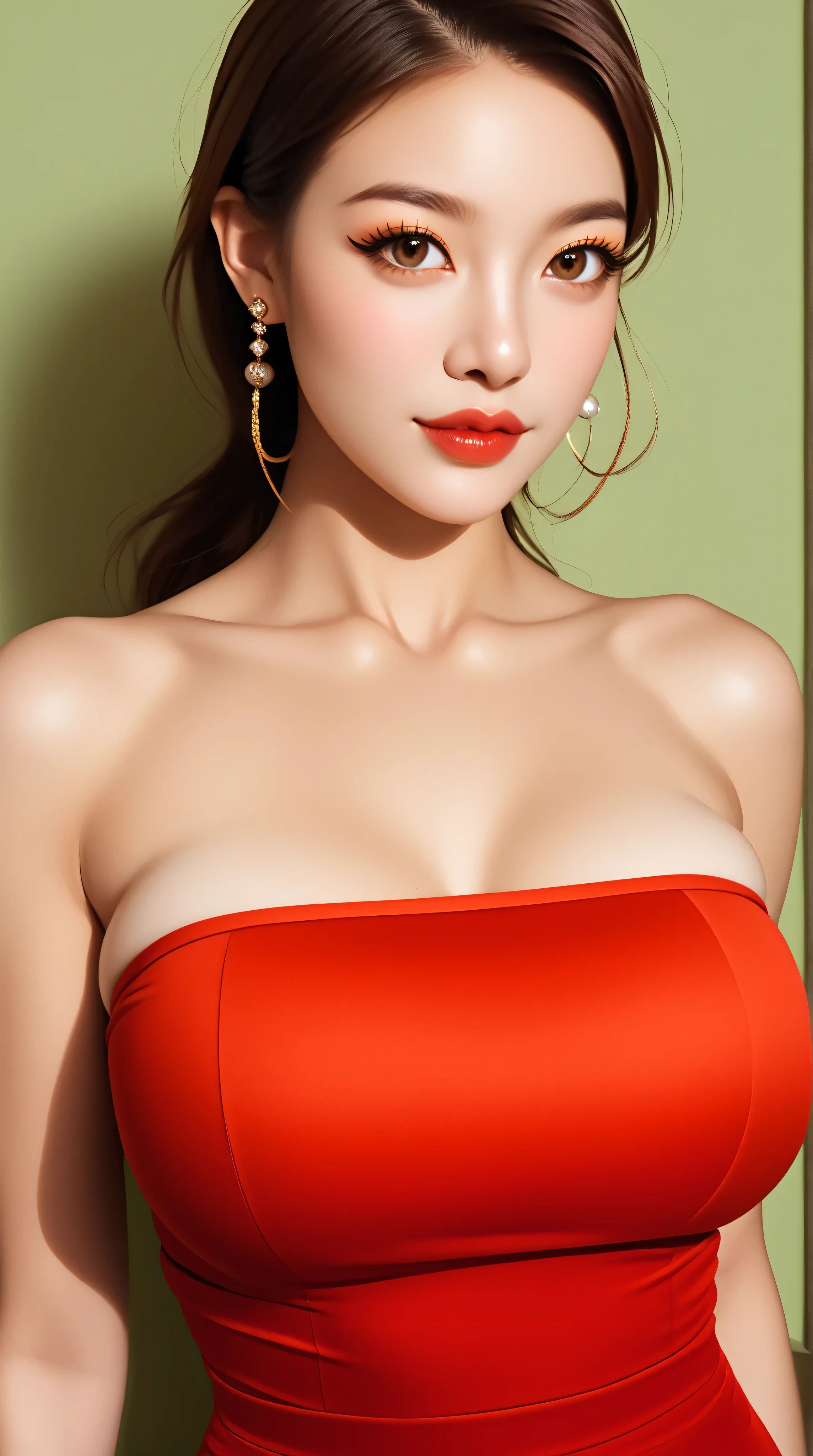 A stunning portrait of an elegant asian woman, showing off her impressive cleavage and curvy buttocks. Her perfectly symmetrical eyes seem to shine under the soft, edge ambient lighting, projecting a warm glow on your hyper-realistic skin texture. 8K DSLR Camera Captures Every Detail, from the subtle brush strokes similar to those of an oil painting to the layers of shadows reminiscent of the work of Carne Griffiths.. The Fujifilm XT3&#39;s high-quality sensor produces a masterpiece with rich, Deep colors and sharp focus draw the viewer in. The composition is perfect, Adhere to the golden ratio, creating a feeling of balance and harmony. This award-winning photograph is a true masterpiece., reminiscent of the captivating art of Jeremy Mann, tight tube top, huge breasts, 