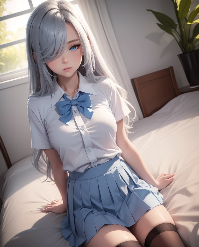  a beautiful girl ,   Blue eyes  ,    bright eyes  ,  ,closed lips    ,   long hair,   High resolution, breasts, camisa blanca, pleated skirt, blue bowtie ,    school uniform , sexy legs  , socks, Alone,  wavy hair, sensual body