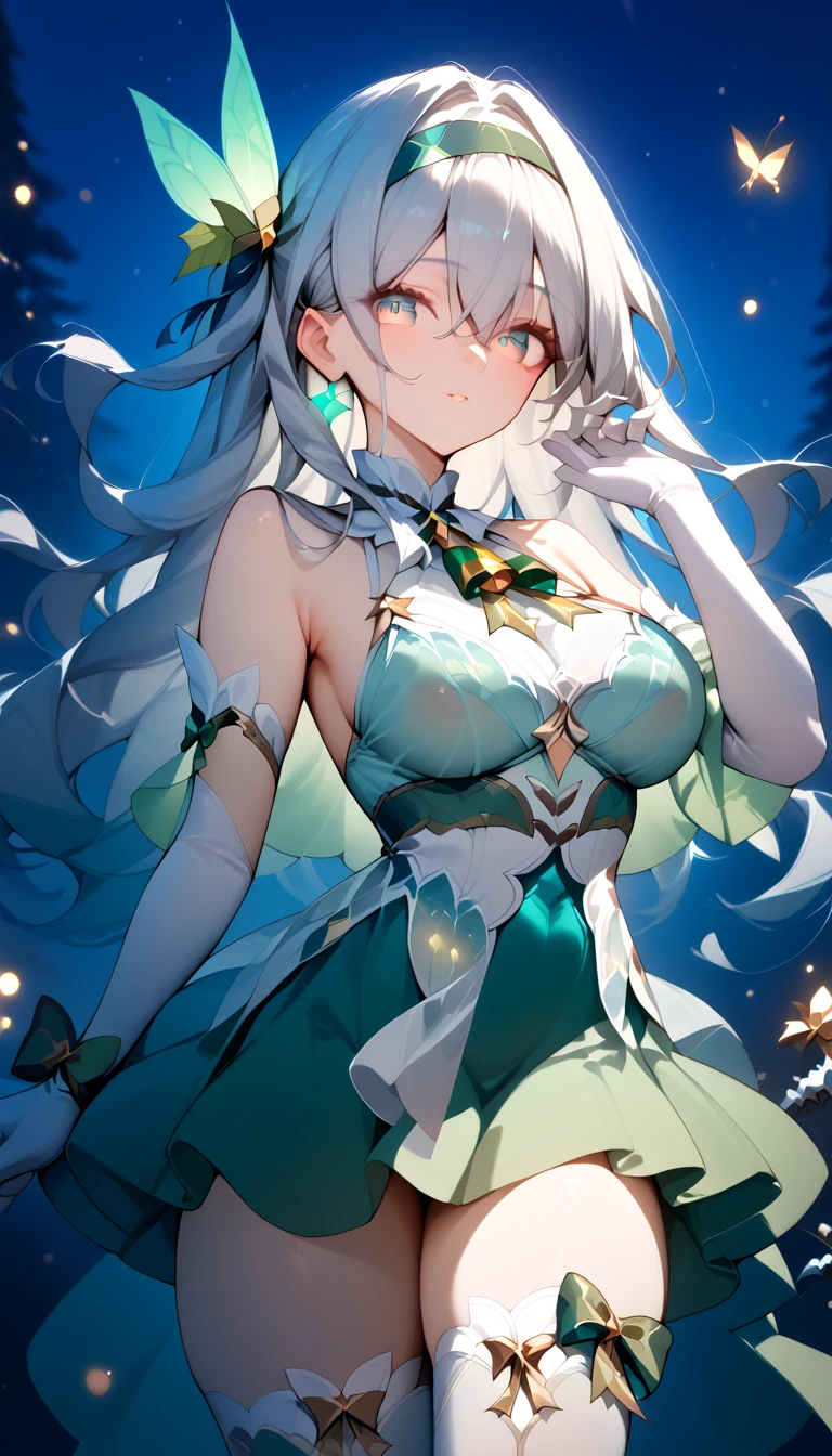 Firefly,   Big Breasts 　 long hair　silver hair　 Green Gradation　 headband　 hair ornament　Alone,  can see her eyebrows through her hair,  hair between eyes,  viewers, masterpiece,  top quality , very aesthetic, Sexy Christmas top, short skirt, white stockings, elbow passing gloves,