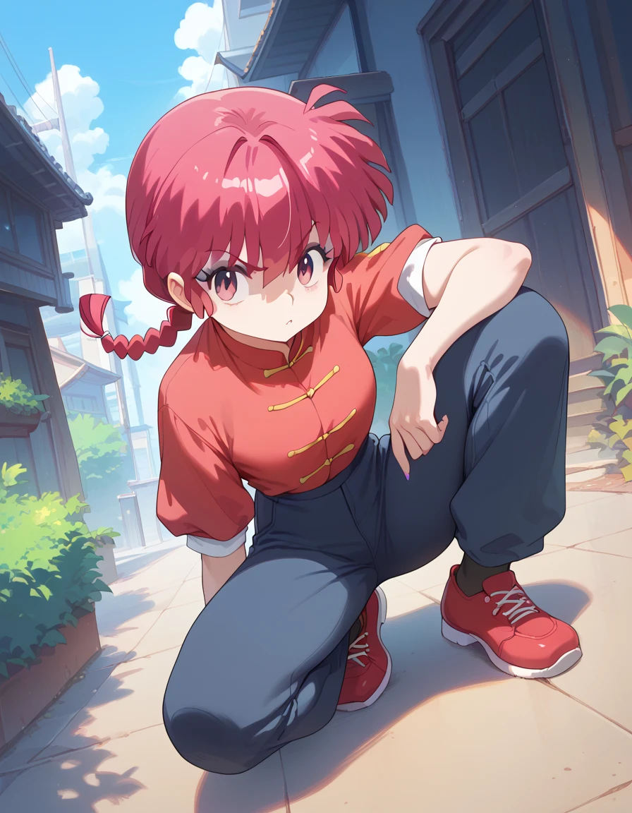 Ranma favors Chinese-style clothing in the form of red short sleeved dark blue pants and slip on shoes. Light Pink eye, Red hair and appears to have purple makeup over her upper eyelid.