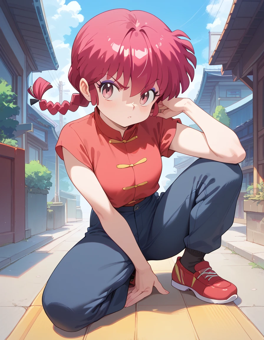 Ranma favors Chinese-style clothing in the form of red short sleeved dark blue pants and slip on shoes. Light Pink eye, Red hair and appears to have purple makeup over her upper eyelid.