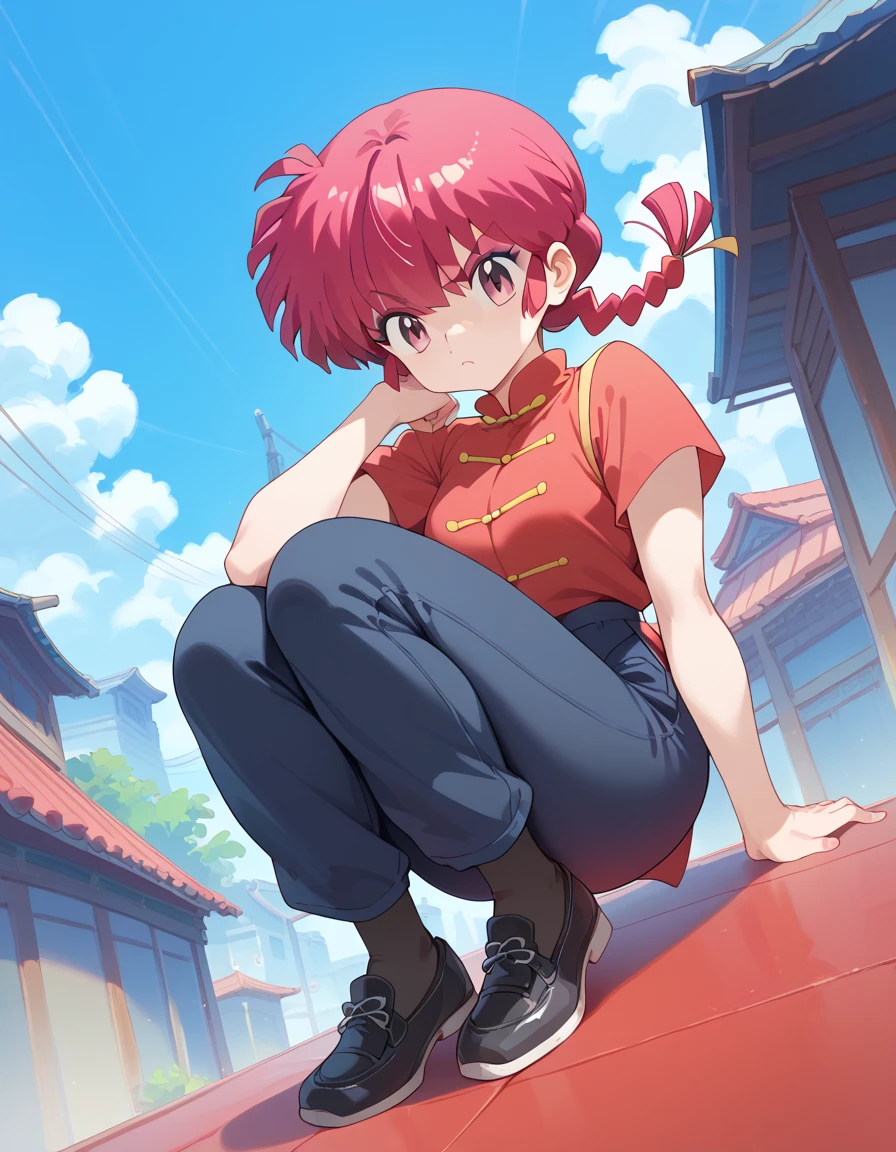 Ranma favors Chinese-style clothing in the form of red short sleeved dark blue pants and slip on shoes. Light Pink eye, Red hair and appears to have purple makeup over her upper eyelid.