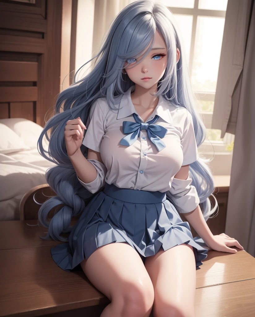  a beautiful girl ,   Blue eyes  ,    bright eyes  ,  ,closed lips    ,   long hair,   High resolution, breasts, camisa blanca, pleated skirt, blue bowtie ,    school uniform , sexy legs  , socks, Alone,  wavy hair, sensual body