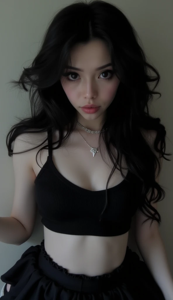 A selfie of a goth woman with long hair, large breasts, and black eyes, dressed in a skirt and crop top, showing her midriff and wearing a necklace.  , goth Girl