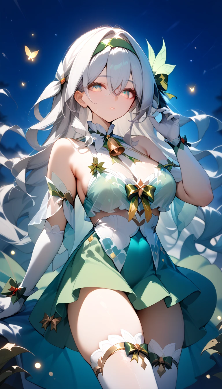 Firefly,   Big Breasts 　 long hair　silver hair　 Green Gradation　 headband　 hair ornament　Alone,  can see her eyebrows through her hair,  hair between eyes,  viewers, masterpiece,  top quality , very aesthetic, Sexy Christmas top, short skirt, white stockings, elbow passing gloves,