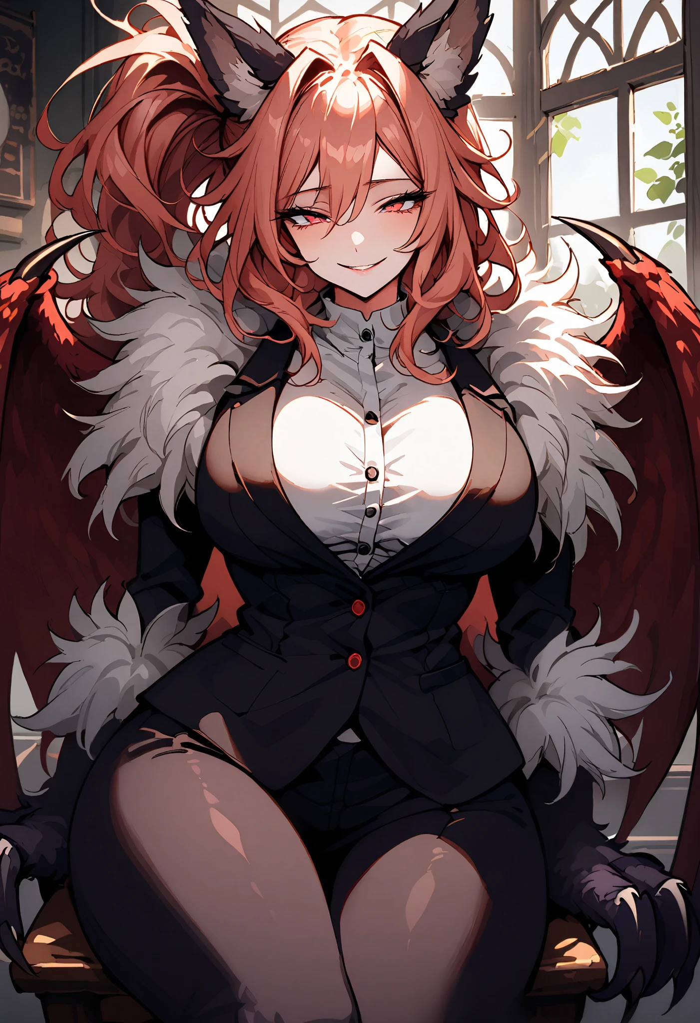 solo, close up, female, huge female, 7 foot tall, wide smile, friendly, half closed eyes, red eyes, light red hair, long wavy hair, side-ponytail, neat straight hair, ManticoreMGE, monster girl, prehensile tail, animal ears, neat black suit, broad shoulders, muscular, slightly bulky body, cafe, sitting on chair, fur, wings, claws, very large breasts, gazing at viewer, close-up, sunny, indoors, white button shirt, romance, lightwell, extremely tall:1.3