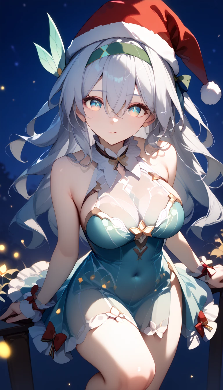 Firefly,   Big Breasts 　 long hair　silver hair　 Green Gradation　 headband　 hair ornament　Alone,  can see her eyebrows through her hair,  hair between eyes,  viewers, masterpiece,  top quality , very aesthetic,  Santa's Clothes　 Santa hat 　 sleeveless　 night view　 Christmas