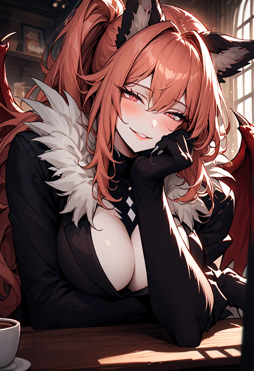 solo, close up, female, huge female, 7 foot tall, wide smile, friendly, half closed eyes, red eyes, light red hair, long wavy hair, side-ponytail, neat straight hair, ManticoreMGE, monster girl, prehensile tail, animal ears, neat black suit, broad shoulders, muscular, slightly bulky body, cafe, sitting on chair, fur, wings, claws, very large breasts, gazing at viewer, close-up, sunny, indoors, white button shirt, loving gaze, slight blush, lightwell, extremely tall:1.3, resting hand on chin, breasts pressing on table, open top