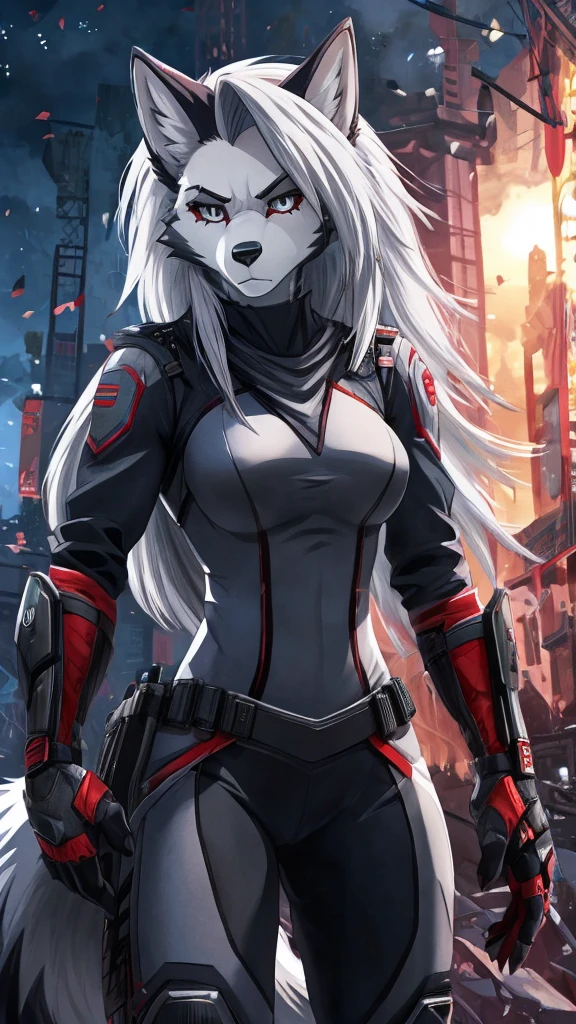 Loona from Helluva Boss, anthro, female wolf, mature adult, white hair, grey eyes, grey combat suit, ninja, full of scars, serious, standing, covered in blood, full body, detailed, solo, beautiful, high quality, 4K, anime