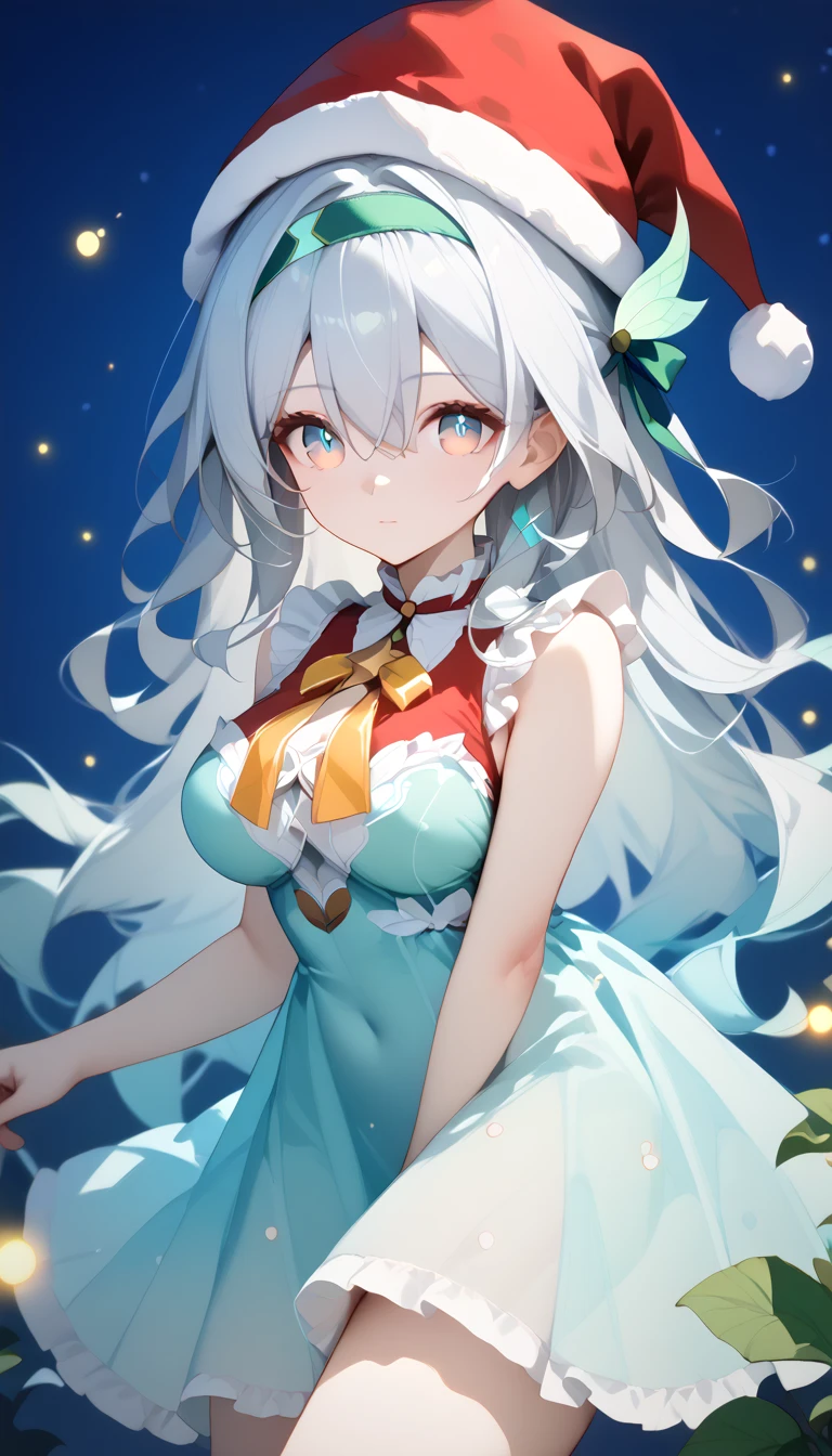 Firefly,   Big Breasts 　 long hair　silver hair　 Green Gradation　 headband　 hair ornament　Alone,  can see her eyebrows through her hair,  hair between eyes,  viewers, masterpiece,  top quality , very aesthetic,  Santa Costume　 Santa hat 　 sleeveless　 night view　 Christmas