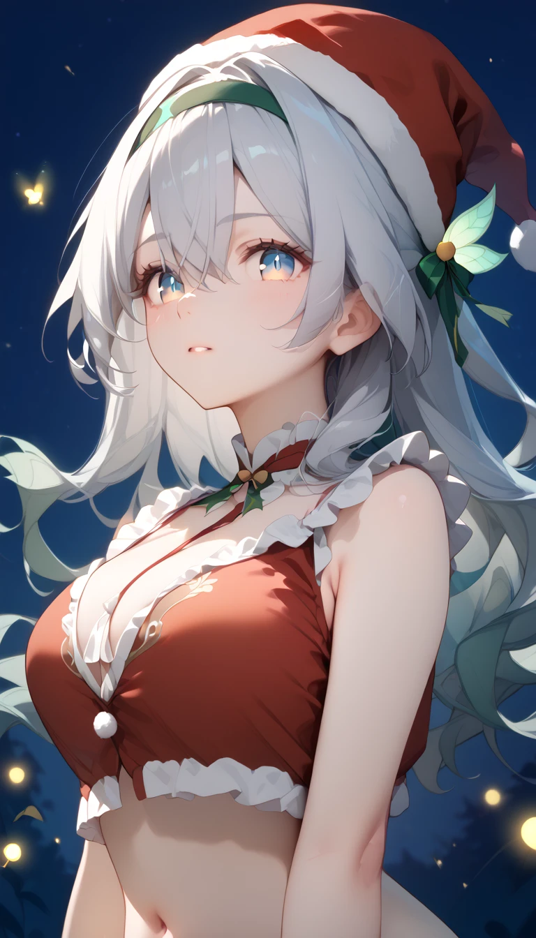 Firefly,   Big Breasts 　 long hair　silver hair　 Green Gradation　 headband　 hair ornament　Alone,  can see her eyebrows through her hair,  hair between eyes,  viewers, masterpiece,  top quality , very aesthetic,  Santa Costume　 Santa hat 　 sleeveless　 night view　 Christmas