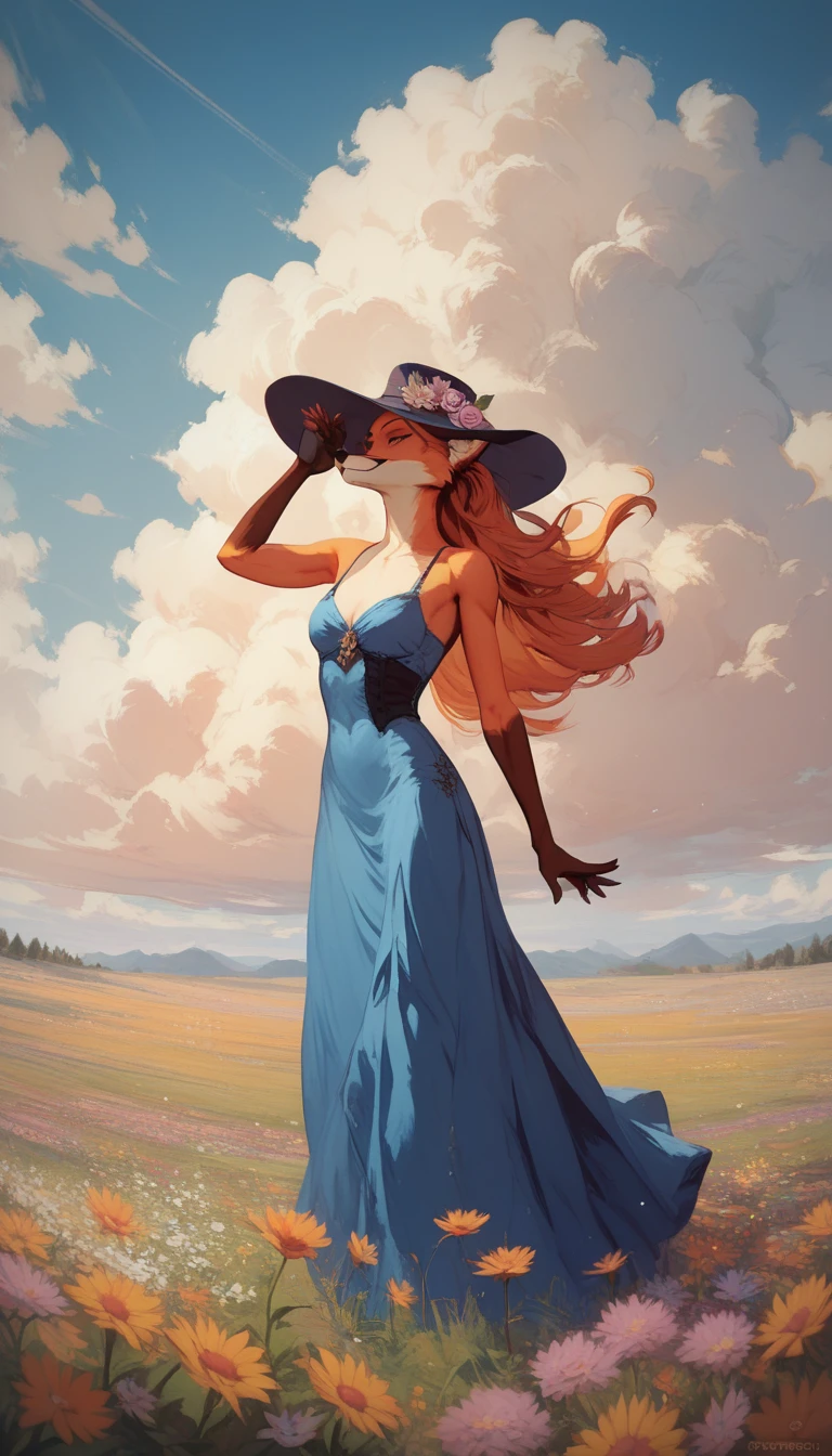 A female fox , antromorfo, Perfect anatomy, long hair,  in a blue dress, and a hat, pose, stop,  flower field, clouds, 4k.