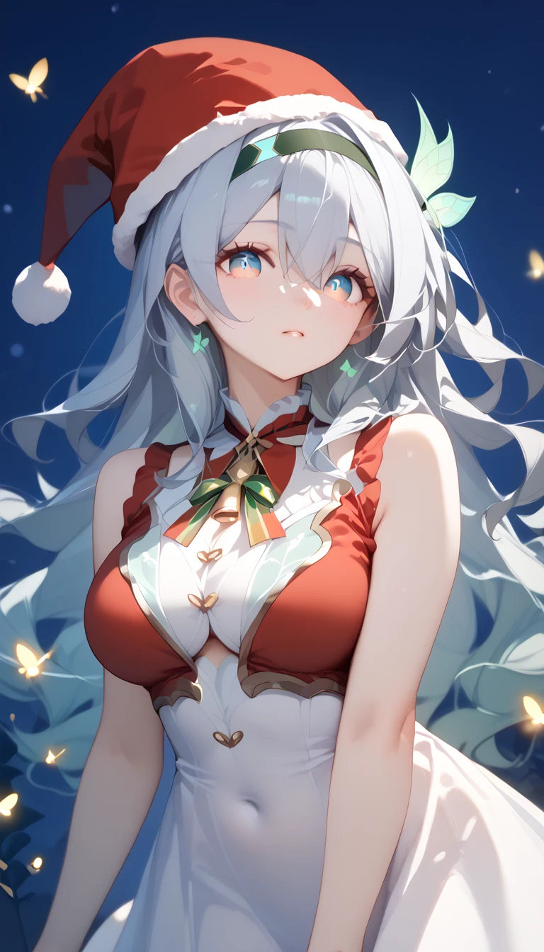 Firefly,   Big Breasts 　 long hair　silver hair　 Green Gradation　 headband　 hair ornament　Alone,  can see her eyebrows through her hair,  hair between eyes,  viewers, masterpiece,  top quality , very aesthetic,  Santa Costume　 Santa hat 　 sleeveless　 night view　 Christmas