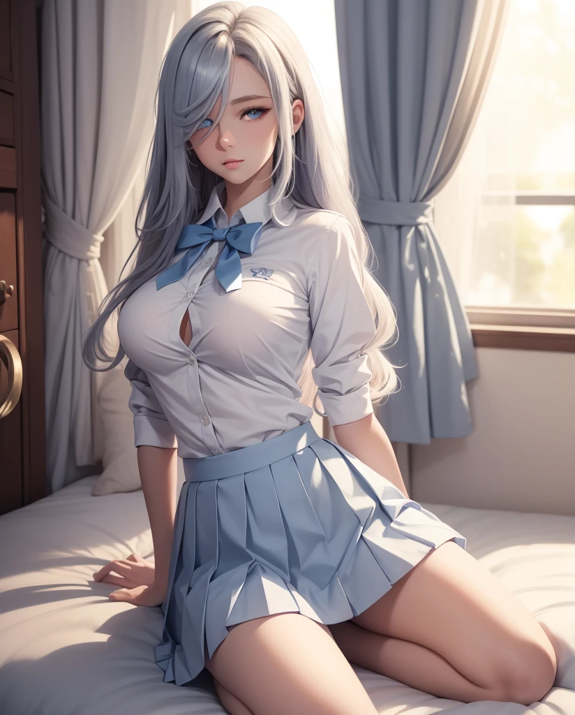  a beautiful girl ,   Blue eyes  ,    bright eyes  ,  ,closed lips    ,   long hair,   High resolution, breasts, camisa blanca, pleated skirt, blue bowtie ,    school uniform , sexy legs  , socks, Alone,  wavy hair, sensual body, desde atrás 