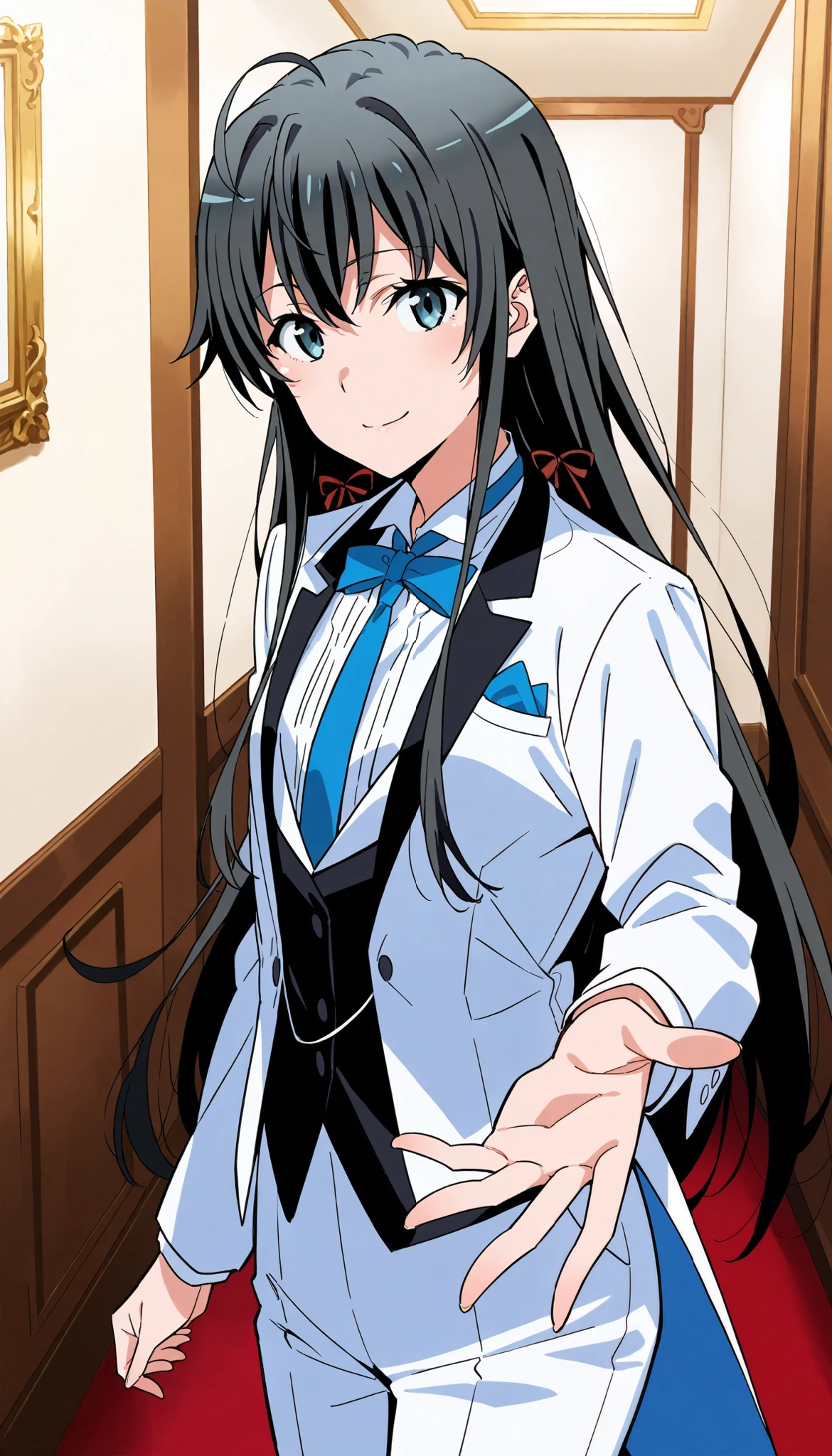 score_9, score_8_up, score_7_up, score_6_up, score_5_up, score_4_up1girl, solo, yukinoshita yukino,, suit tuxedo , , long hair, bangs, sidelocks, indoors, standing,happy,smile,looking at viewer, cowboy shot, blue tie woman in formal attractive suit tuxedo tailcoat standing in a large alcove in the room, , reaching towards viewer , one hand , badass , hand on back