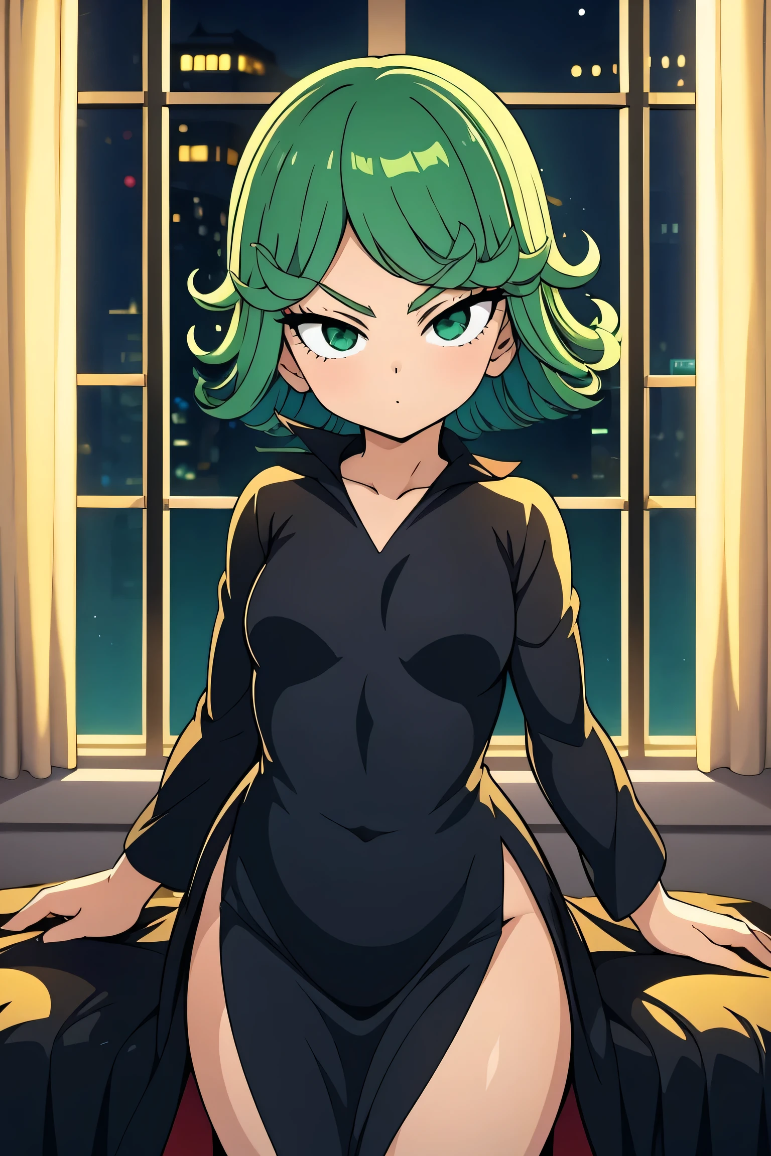 ( Artwork ,  better quality)  a girl with short green hair, detailed green eyes,  black dress , bothers, good waist,  warm look, in a luxurious mansion ,  at night, (windows),  Good lighting 