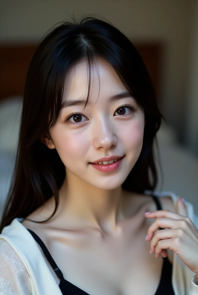 top quality,  Focus on Faces  , Soft light, (  Depth of Written Boundary ) ,  super high res , (  realistic  :1.4),  RAW photos , (Since before)  1 Japanese girl  , Alone,  cute, (  brown eyes), Beautiful facial details , (  semi-long hair), (:1.4) ,(  small breasts) ,  embarrassing ,bedroom , knight ,Dim lighting , please look down ,  is sleeping on a futon  , knight 伽 ,  pink cheeks , Chest irregularities 、((ピンクのNipples))、((Nipples))、((Cute sleeping face))