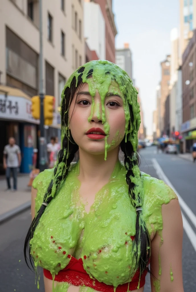 DSLR photograph. Beautiful Chinese woman covered in green water. Photorealistic. Wet liquid. Nasty slime. Raw photo. New York City streets. Daytime. Green Slime. Dripping green goo. 21 years old. (Asian: 1.1). pigtails. Green water. Portrait photo. Beautiful Asian face. (Cleavage: 1.2). Red lace bra.