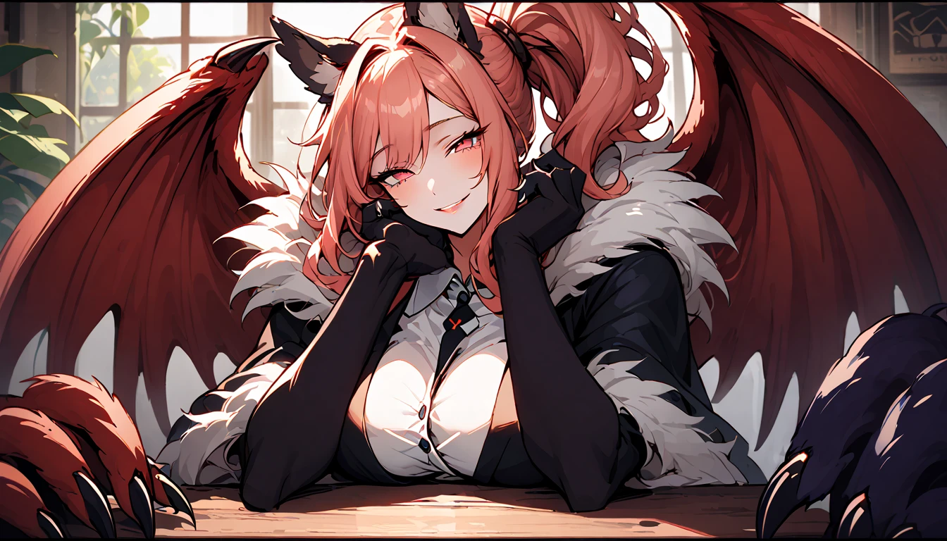 solo, close up, female, huge female, 7 foot tall, wide smile, friendly, half closed eyes, red eyes, light red hair, long wavy hair, side-ponytail, neat straight hair, ManticoreMGE, monster girl, prehensile tail, animal ears, neat black suit, broad shoulders, muscular, slightly bulky body, cafe, sitting on chair, fur, wings, claws, very large breasts, gazing at viewer, close-up, sunny, indoors, white button shirt:1.3, loving gaze, slight blush, lightwell, extremely tall:1.3, resting hand on chin, breasts pressing on table, open top, head tilt