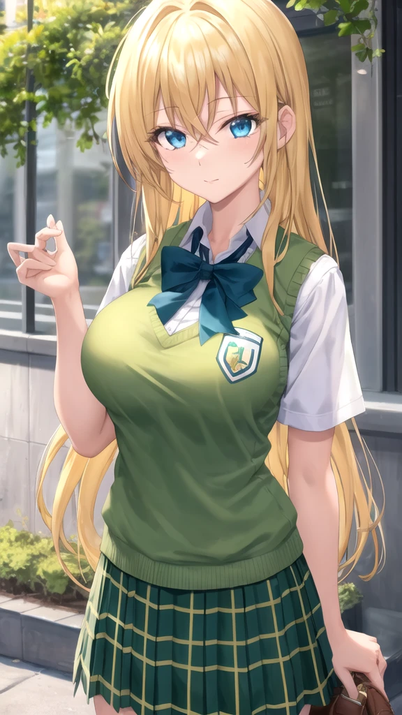 masterpiece, best quality, high quality, girl, solo, looking at viewer, yuuto_kiba, blonde hair, blue eyes, hair between eyes, large breasts, school uniform, green bowtie, white shirt, short sleeves, sweater vest, yellow vest, plaid skirt, green skirt, standing, cowboy shot, outdoors