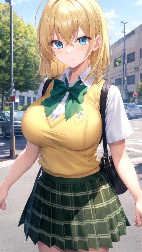 masterpiece, best quality, high quality, girl, solo, looking at viewer, yuuto_kiba, blonde hair, blue eyes, hair between eyes, large breasts, school uniform, green bowtie, white shirt, short sleeves, sweater vest, yellow vest, plaid skirt, green skirt, standing, cowboy shot, outdoors