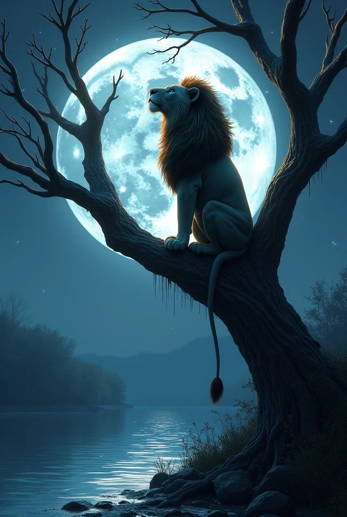  imagine a lion on top of a tree, with dry branches, And him looking at the Moon ,  over a river with clear waters 