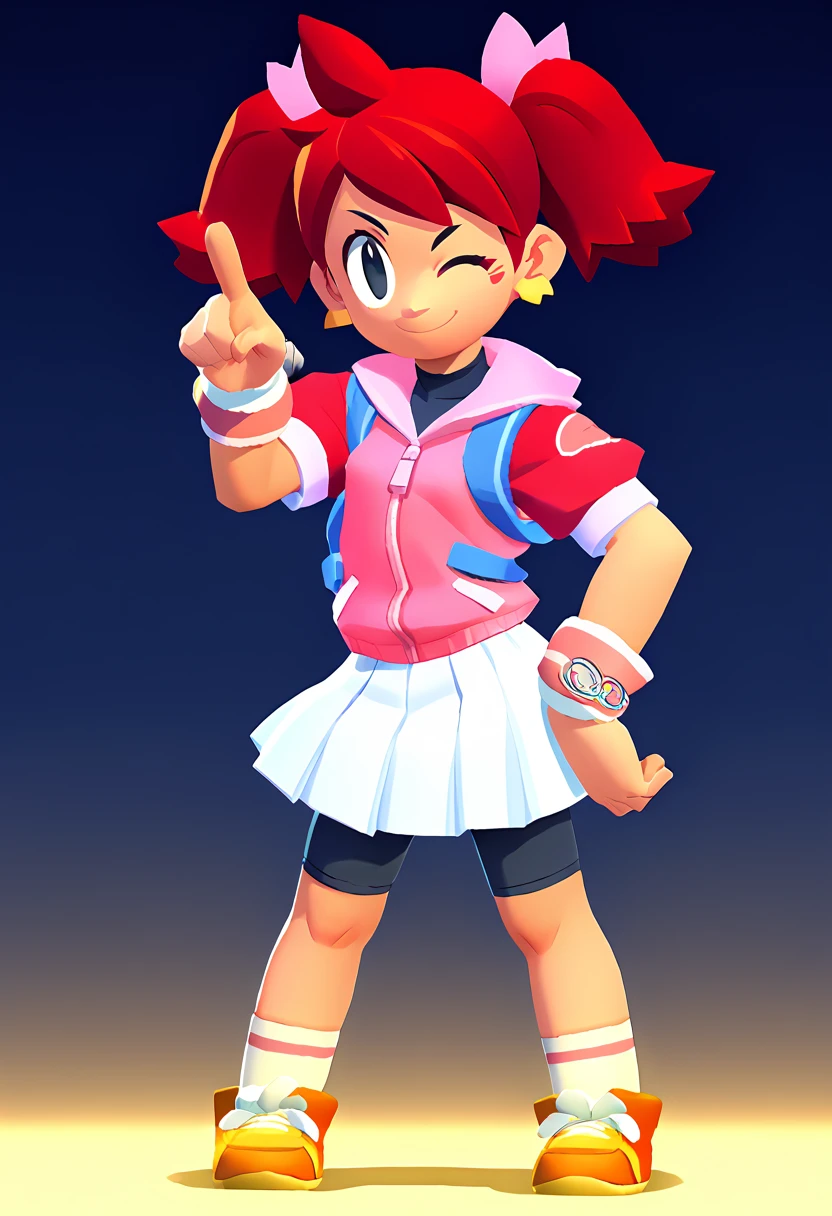 1girl Sayaka (サヤカ) (Yumi)  Ape Escape 3 (サルゲッチュ3) , red hair, twintails, black eyes, hair bow, pink hoodie, short sleeves, wristband, white skirt, bike shorts, socks, sneakers, outdoors, laser blade, tokyo city, standing, pointing at viewer, wink, masterpiece, smiling