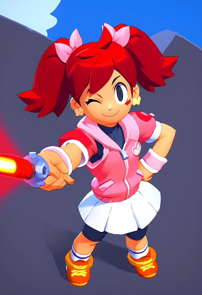 1girl Sayaka (サヤカ) (Yumi)  Ape Escape 3 (サルゲッチュ3) , red hair, twintails, black eyes, hair bow, pink hoodie, short sleeves, wristband, white skirt, bike shorts, socks, sneakers, outdoors, laser blade, tokyo city, standing, pointing at viewer, wink, masterpiece, smiling