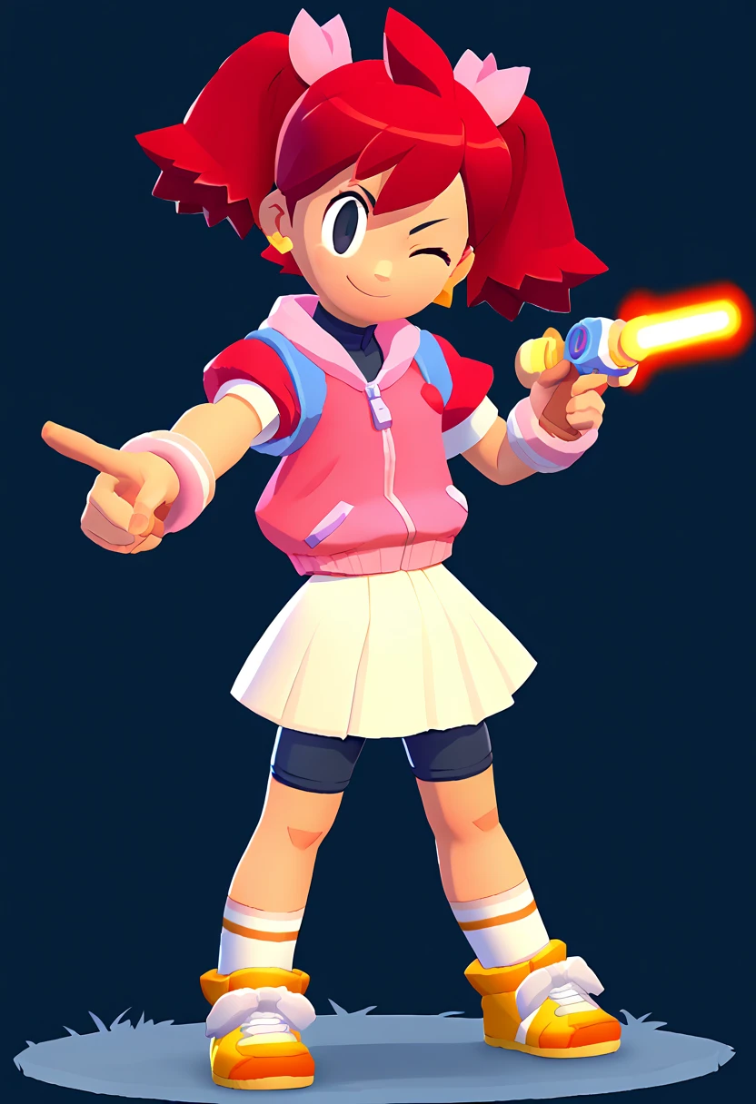 1girl Sayaka (サヤカ) (Yumi)  Ape Escape 3 (サルゲッチュ3) , red hair, twintails, black eyes, hair bow, pink hoodie, short sleeves, wristband, white skirt, bike shorts, socks, sneakers, outdoors, laser blade, tokyo city, standing, pointing at viewer, wink, masterpiece, smiling